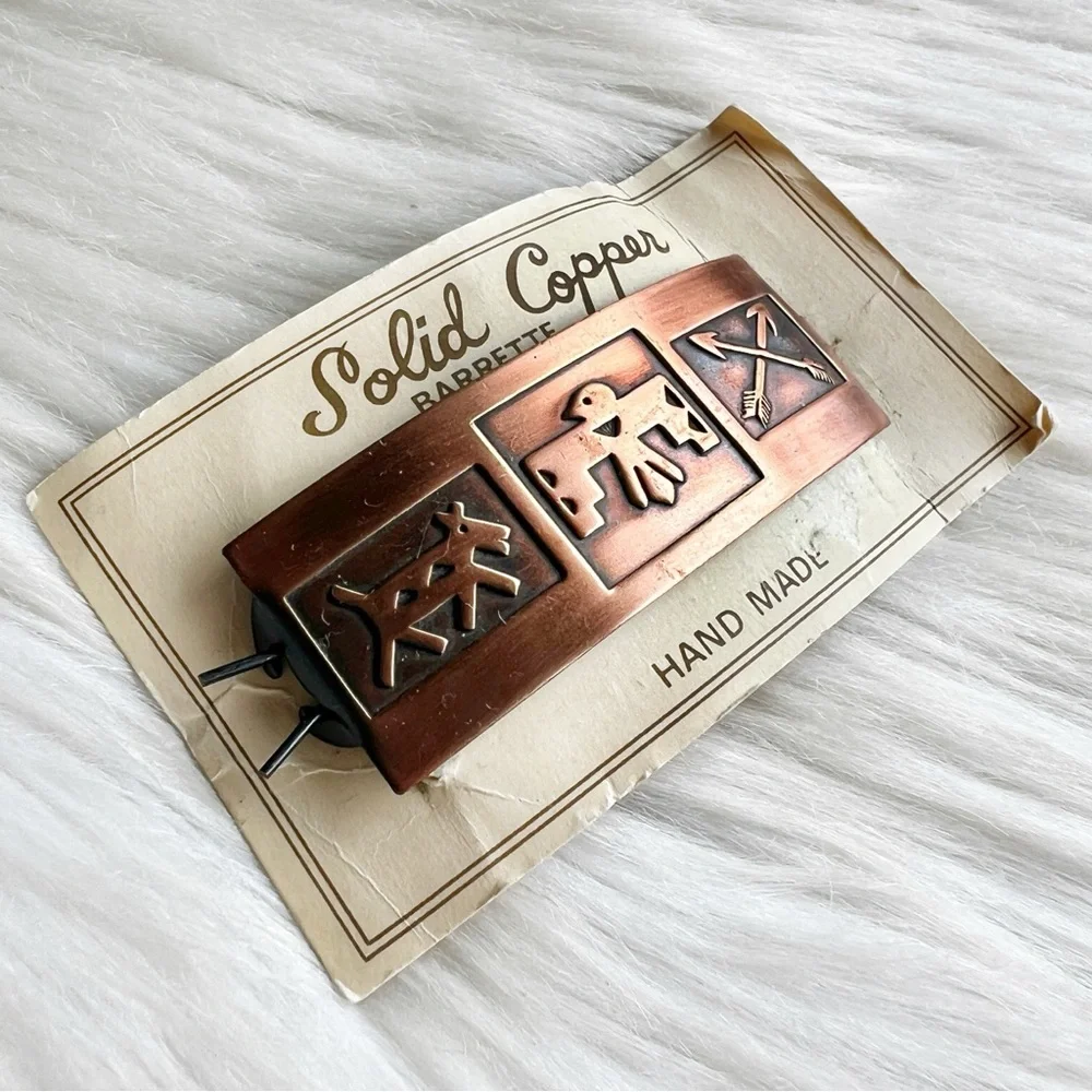 VINTAGE Solid Copper Southwestern Clip Barrette • Thunderbird Arrows Horse NWT